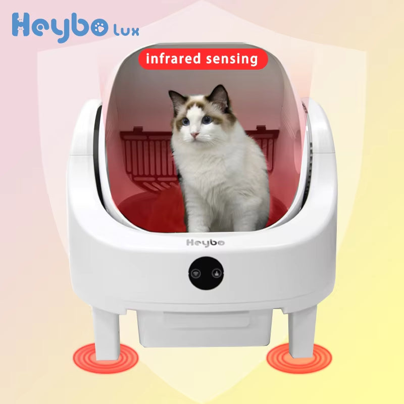 Heybolux Large Capacity Self Cleaning Cat Litter Box with Safety App Control Odor Free Automatic Smart Open Waste Bin for Cats