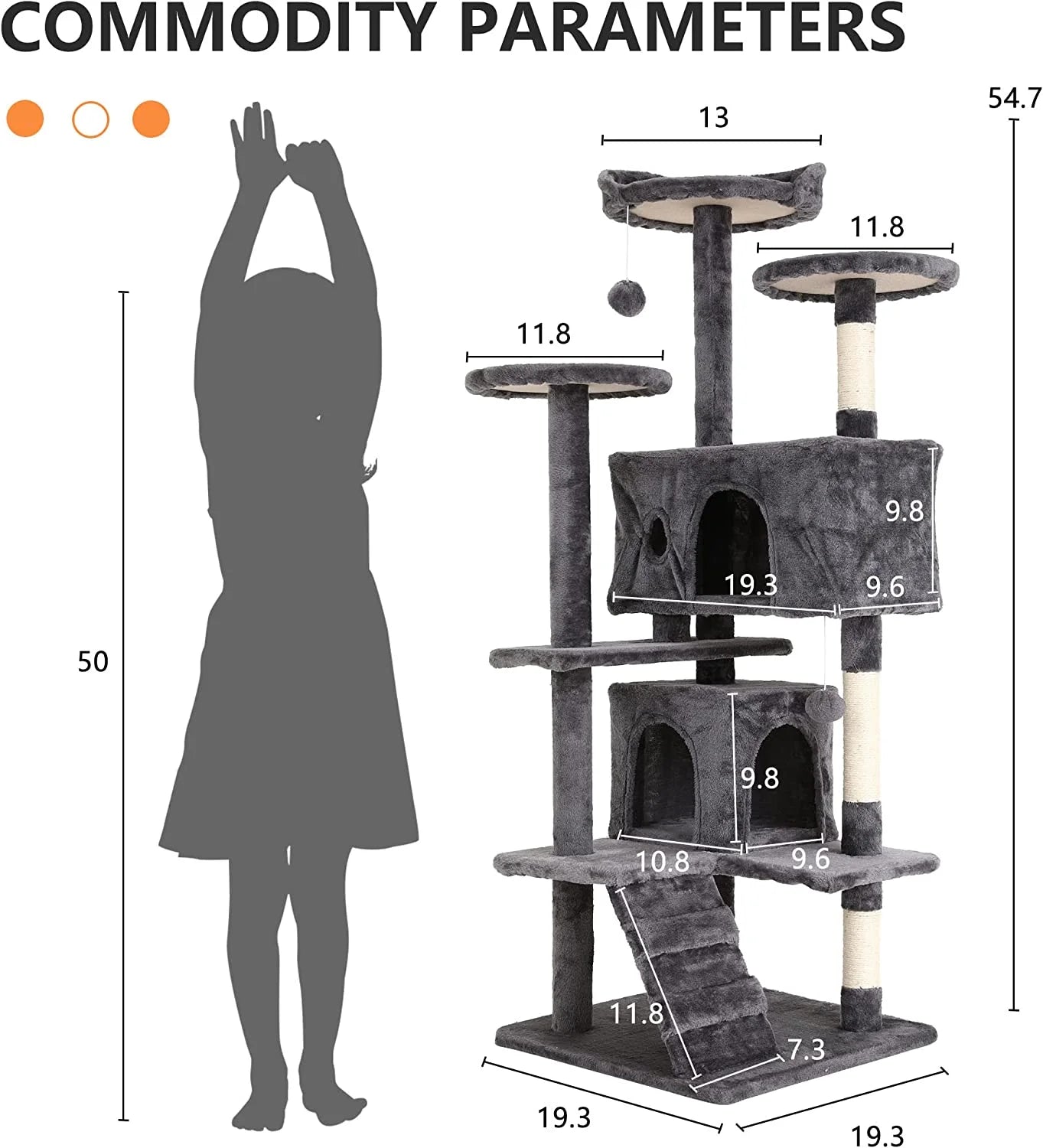 54" Cat Tree Tower, Scratch Posts, Condo, Toys, Light Gray