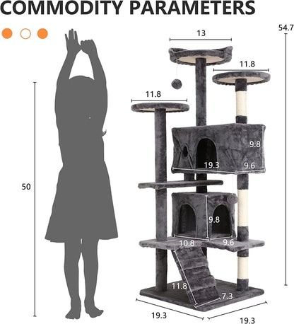 54" Cat Tree Tower, Scratch Posts, Condo, Toys, Light Gray