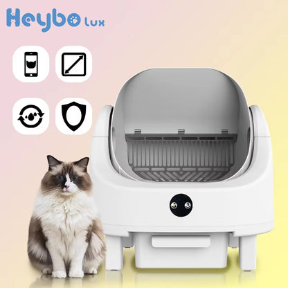 Heybolux Large Capacity Self Cleaning Cat Litter Box with Safety App Control Odor Free Automatic Smart Open Waste Bin for Cats