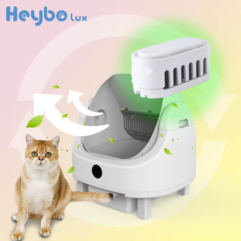 Heybolux Large Capacity Self Cleaning Cat Litter Box with Safety App Control Odor Free Automatic Smart Open Waste Bin for Cats