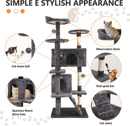 54" Cat Tree Tower, Scratch Posts, Condo, Toys, Light Gray