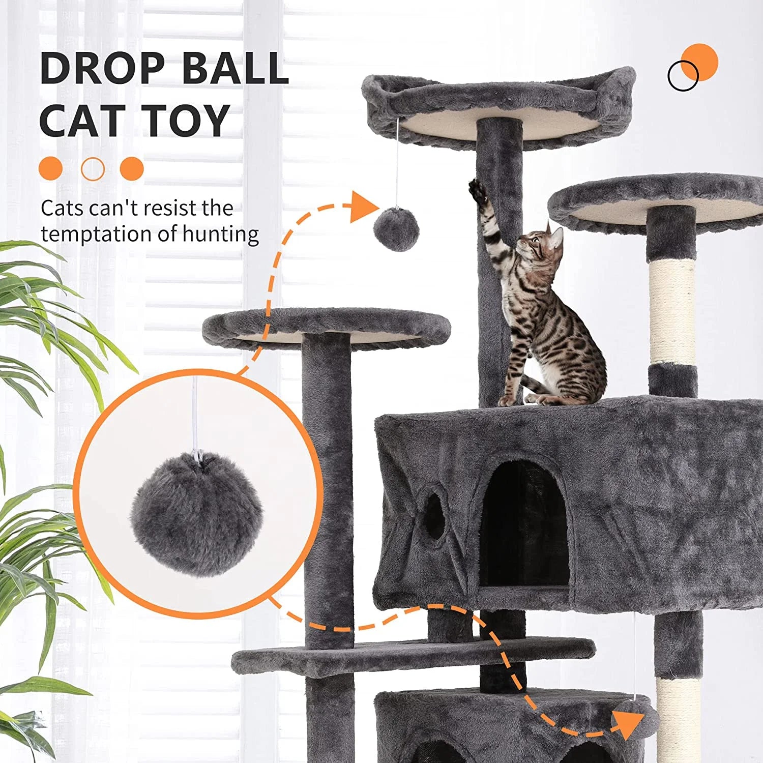 54" Cat Tree Tower, Scratch Posts, Condo, Toys, Light Gray